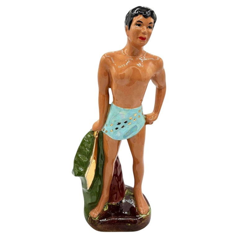 Mid-Century Hawaiian Man in Blue Trucks w/ Gold Machete Ceramic Sculpture 14" (1 of 5)