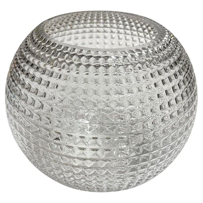 High Style Mid Century Diamond Pattern Studded Spherical Glass Plant Vase