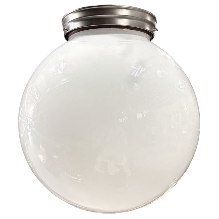 Art Deco Milk Glass Globe Shade Pendant with Nickel Plate Fitter, by Ray-Lite: This is a classic Art Deco era round milk glass globe light shade marked "Ray-Lite" paired with a brushed nickel fitter, offering a clean, timeless silhouette ideal for both vintage and modern fixture