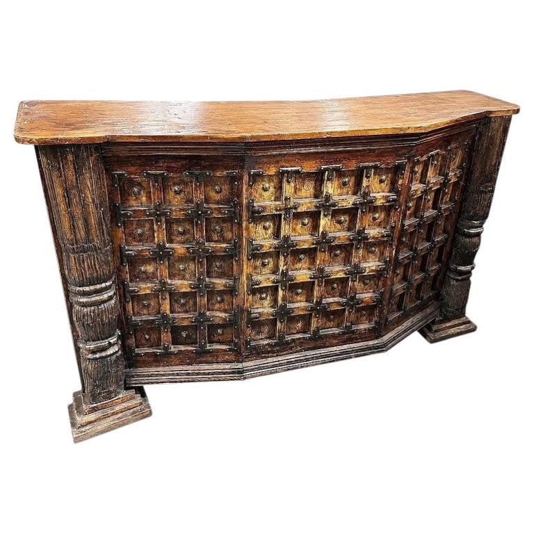Spanish Colonial Style Antique Wood Bar w/ Iron Strapwork & Carved Columns (1 of 12)