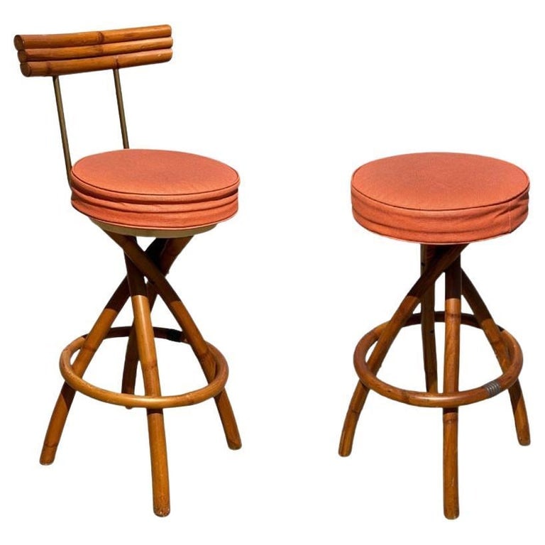 Restored Mid-century Swivel "Spiral" Leg Rattan & Brass Barstools, Pair (1 of 8)