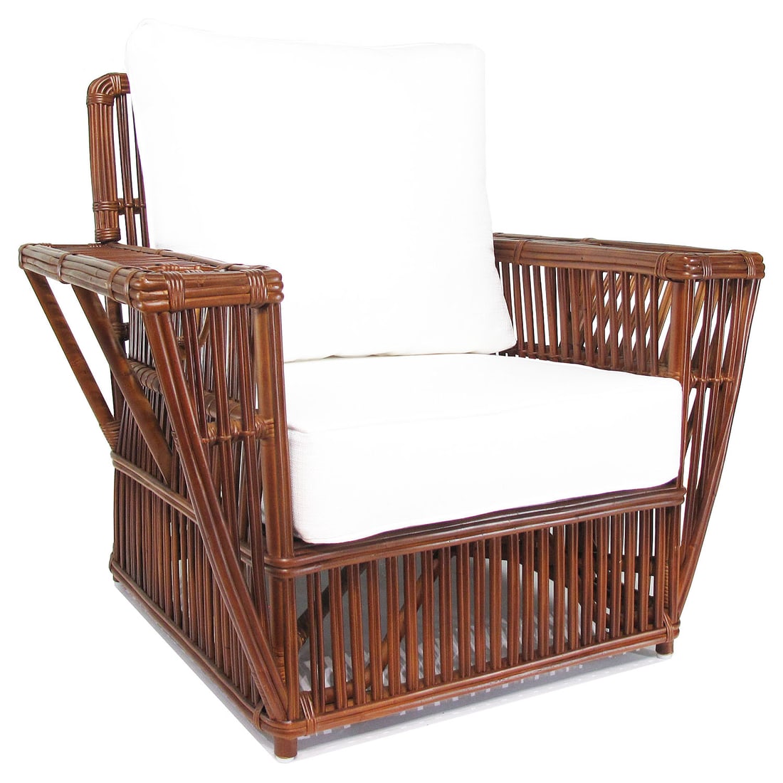 Presidents Art Deco Stick Walnut Finished Reed Rattan Nantucket Lounge Armchair: Stick Rattan “Nantucket” Lounge Chair.This striking Nantucket lounge chair features classic stick rattan framing with tightly woven wicker wrappings, offering both form and function. Each arm 