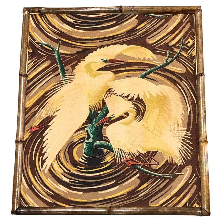 Restored 1949 Rattan Framed Square Crane Bark Cloth Fabric Sample by Spectrum (1 of 6)