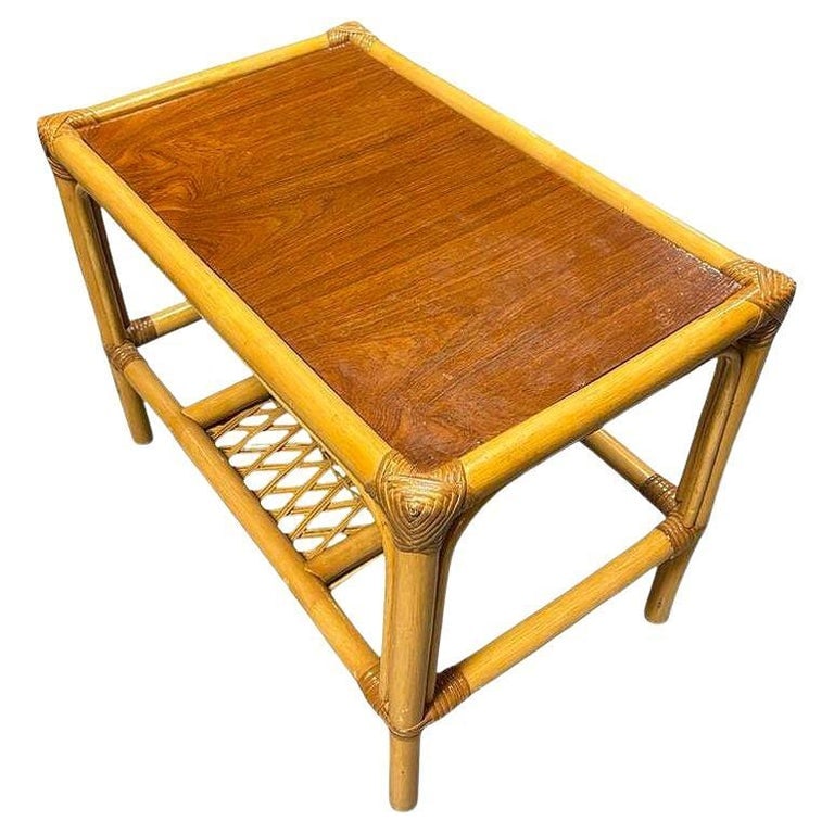 Restored Mid-century 2 Tier Rattan & Wicker Coffee Cocktail Table w Mahogany Top (1 of 10)
