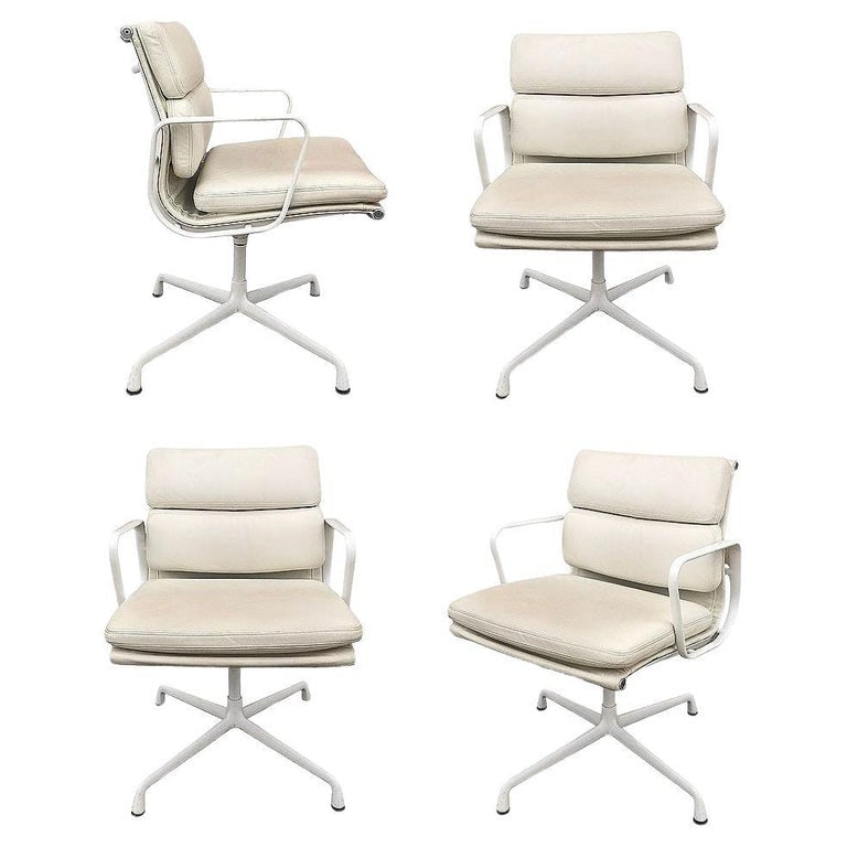 White Eames EA208 Leather Soft Pad Chair by Herman Miller, Set of 4 (1 of 8)