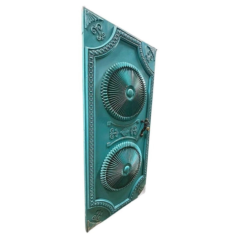 Mid-century Hollywood Regency Grand Turquoise Door w/ Custom Handles: Original custom-made Mid-century era Hollywood Regency Grand Turquoise oak door, featuring an intricate design center, Majolica border, and decorative arrow corners. The door comes with matching bronz