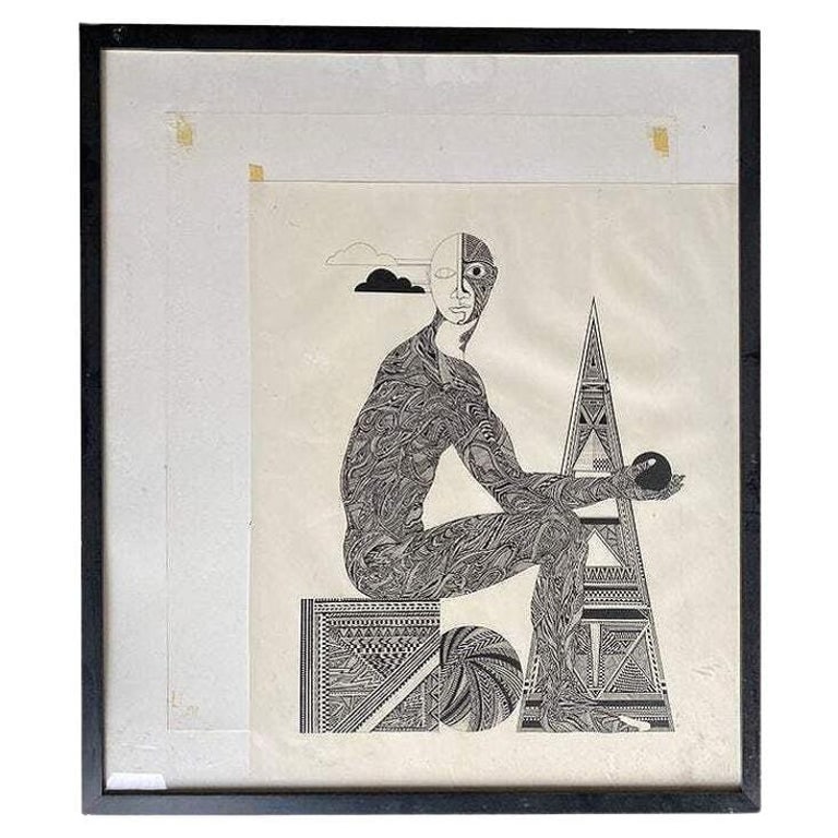 Hand Inked on Paper Surrealist Male Portrait Drawing Signed Ken Kreel 1989: Hand-inked artwork on Paper Surrealist Male Portrait Etching Signed Kea Kreel 1989. The print features an intricate detailed scenic with a man in contemplation against geometric shapes in the backgrou