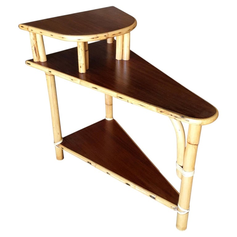 Restored Mid-century 3-Tier Wedge Side Lamp Table w/ Mahogany Tops: This beautifully restored single restored rattan 3-tiered stacked rattan wedge table featuring 3 levels blending style and vintage charm with modern comfort. It is perfect for creating a stylish and c