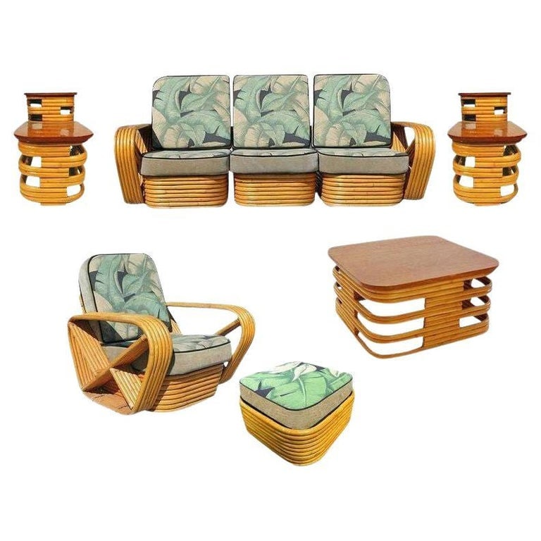 Restored Square Pretzel Rattan Living Room 6 Piece Set: This beautifully restored rattan blends style and vintage charm with modern comfort. Rattan living room set includes a matching three-seat sectional sofa, lounge chair, ottoman, coffee table, and pair