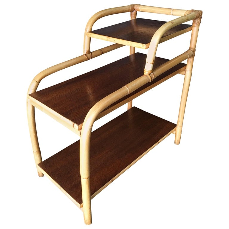 Restored Rattan Side Lamp Table with Three-Tier Mahogany Tops (1 of 6)