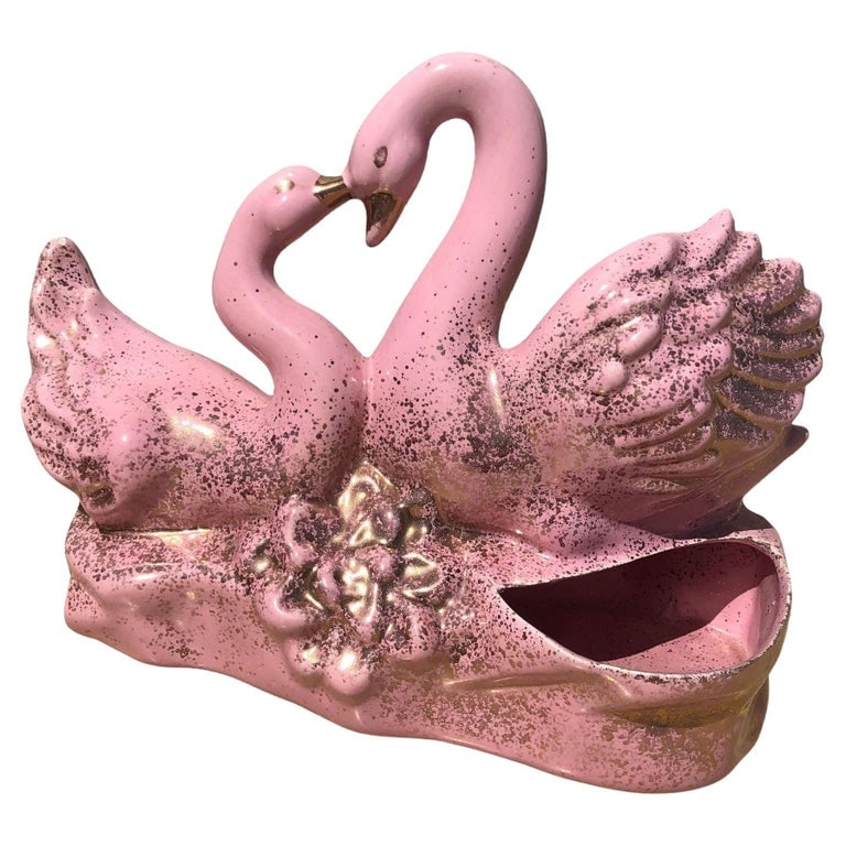 California Pottery Swan Love TV Planter & Lamp by Royal Fleet: Original 1950s ceramic TV lamp with small bud planter showcasing a pair of swans making a heart from their heads in a loving embrace by California ceramics and pottery maker Royal Fleet. The lamp is f