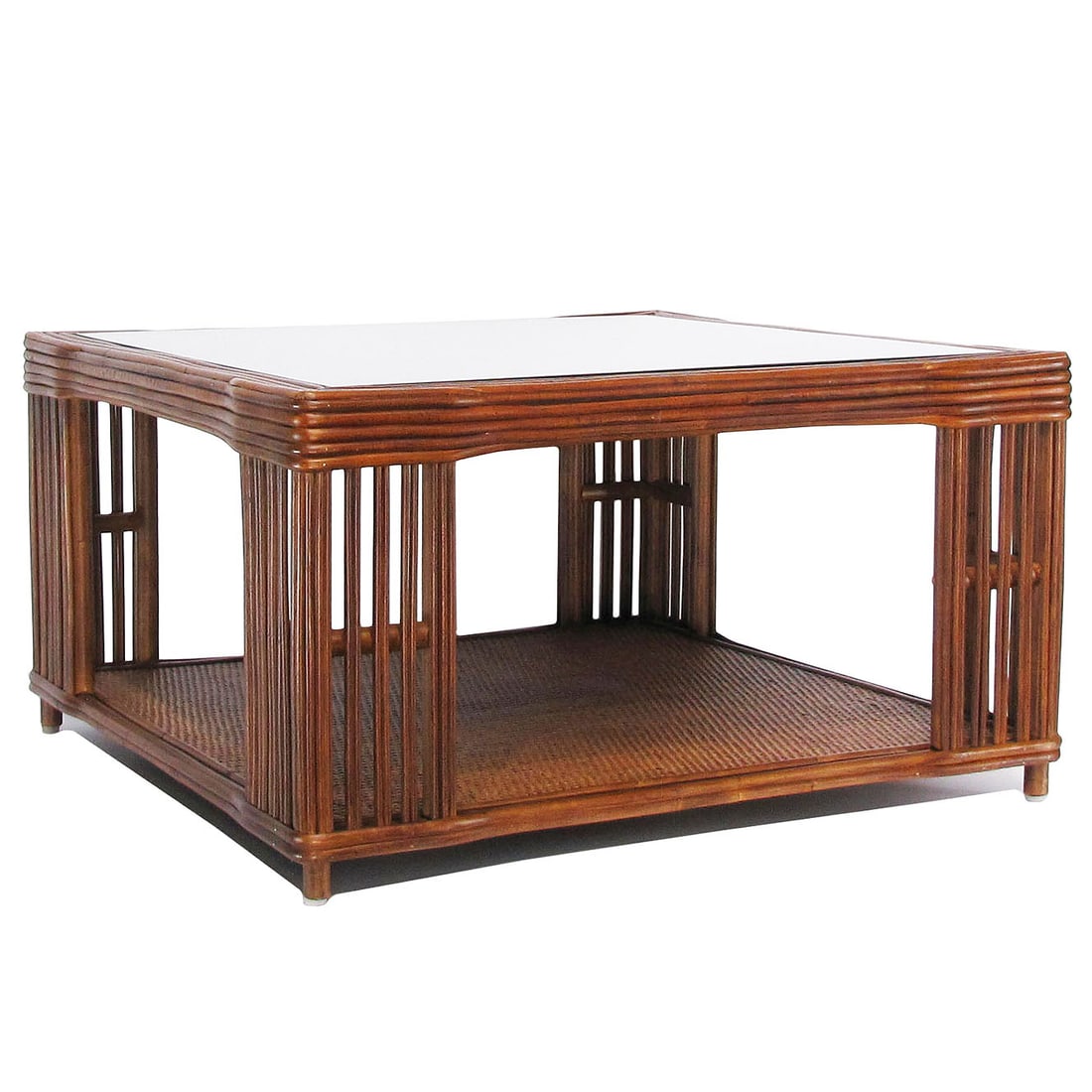 Art Deco Presidents Nantucket Stick Walnut Finished Reed Rattan Coffee Table: This beautifully stick rattan “Nantucket” coffee table features classic walnut finished stick rattan framing with tightly woven wicker wrappings, offering both form and function. Each arm incl