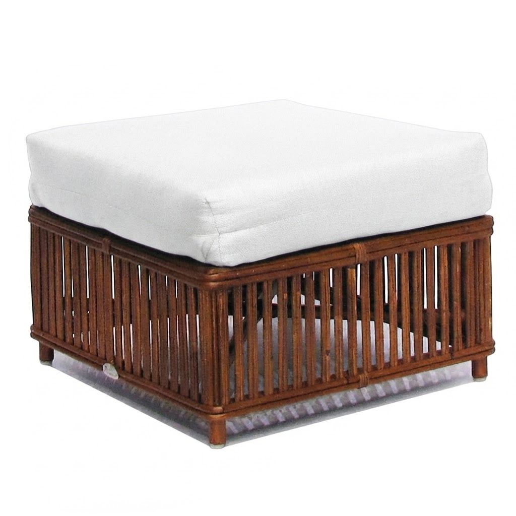 Art Deco Presidents Nantucket Stick Walnut Finished Reed Rattan Otttoman: This beautifully stick rattan “Nantucket” Ottoman features classic Walnut Finished stick rattan framing with tightly woven wicker wrappings, offering both form and function. Each arm includes 