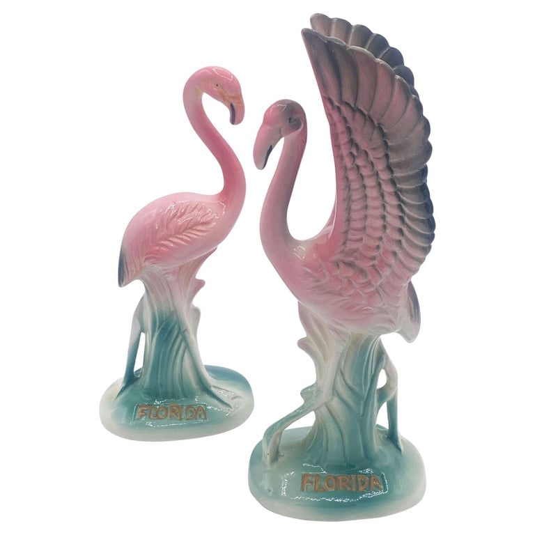 Mid-century "Meeting in Florida" Matching Ceramic Pink Flamingo Statues, Pair (1 of 18)