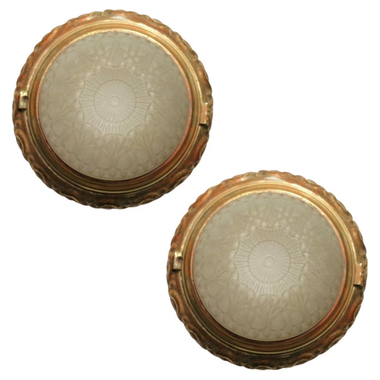 1930s Empire Style Bronze Dome Ceiling or Wall Light Fixtures, Pair (1 of 7)
