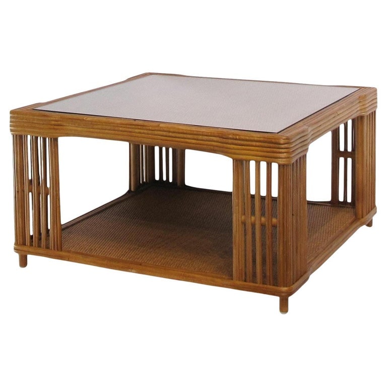 Restored Large Modern Presidents Stick Reed Rattan Nantucket Coffee Table: Stick Rattan “Nantucket” Square Coffee TableThis striking Nantucket coffee table features a classic stick rattan framing with tightly woven wicker wrappings, offering both form and function.Di