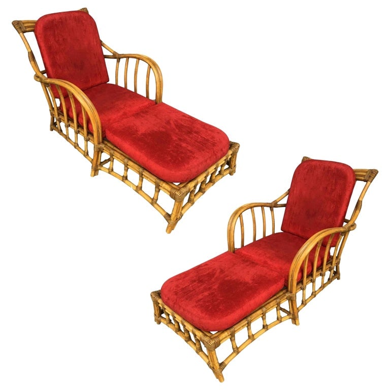 Rare Paul Frankl Styled Faux Rattan Outdoor/Patio Chaise Lounge Chair, Pair: Rare Paul Frankl style faux rattan chaise lounge chair for outdoor use on your patio or in your garden. Made of a durable Polyurethane plastic faux-rattan, these lounge chairs can be left outside, unl