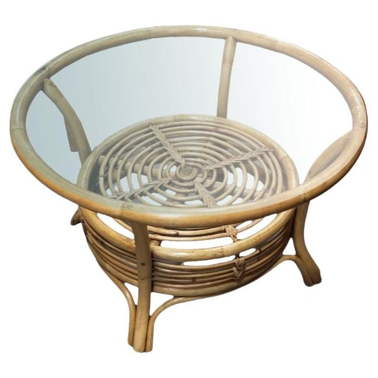 Restored Round Two-Tier Rattan Spiral Coffee Table w/ Glass Top (1 of 5)