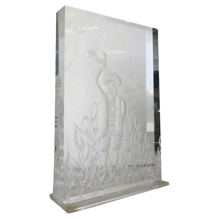 Three Dimensional "Yom Kippur" Etched Acrylic Block Art by Dekel: Hand-etched three-dimensional acrylic block art featuring a scene of a Jewish man practicing the ceremony of Kapparah on the holiday of Yom Kippur.The 3d relief features several layers of etching with