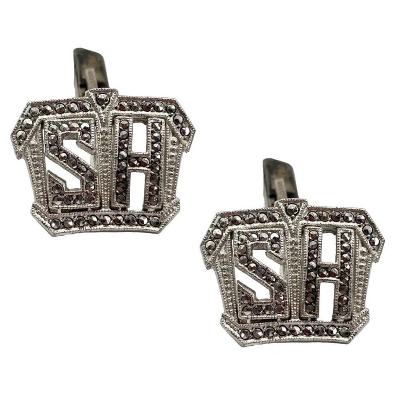 Vintage Sterling Silver Cufflinks w Mono Initials "SH" or "HS" with Faux Diam: These elegant vintage cufflinks are crafted in solid sterling silver and feature a classic monogrammed design with the initials “SH” or "HS", beautifully accented with sparkling marcasite jewe
