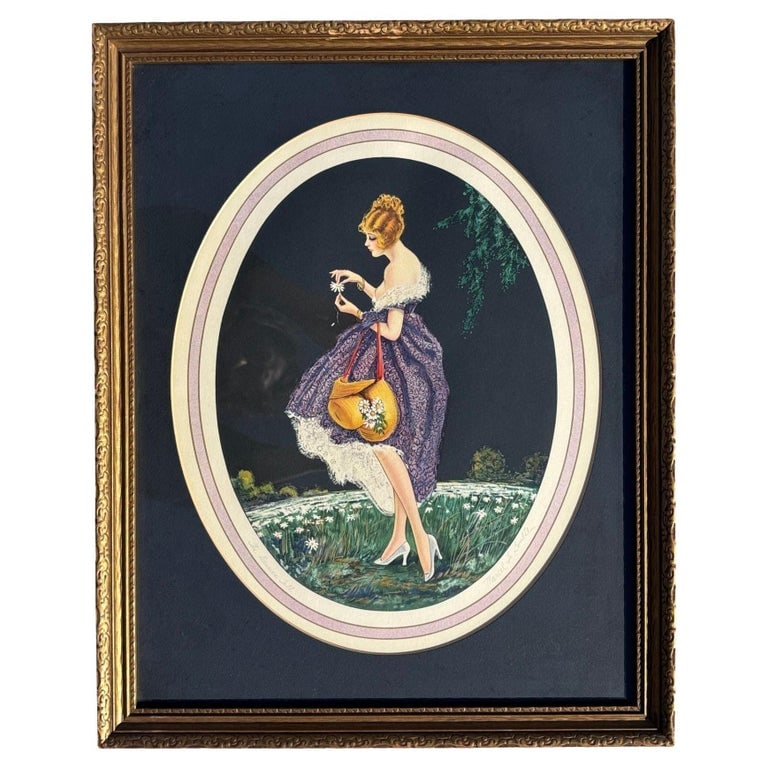 1920's Framed French Artwork "The Daisies Tell" by Marcel Le Boulte: This Art Deco illustration is titled "The Daisies Tell", created by the French artist Marcel Le Boulte in the 1920s. It is a lithograph print that belongs to the "boudoir art" genre, a popular style o