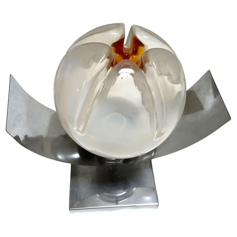 Mid-century Chrome & Murano Art Glass Space-age Wall Sconce by A.V. Mazzega: Mid-century era chrome space-age wall sconce featuring an Italian Murano art glass shade by A.V. Mazzega. The globe is crafted from hand-blown Murano glass and features a gradient opaline design that 