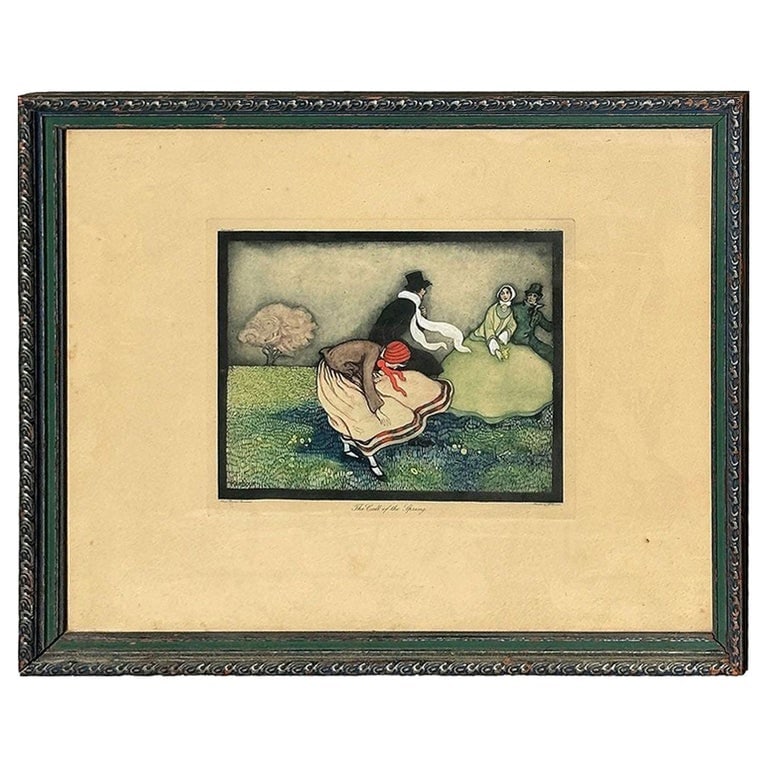 Framed "The Call of the Spring" Watercolor Scenic Lithograph by Jennie Harbour: Original Edwardian era Framed "The Call of the Spring" lithograph print by Jennie Harbour featuring 2 couples meeting in the garden originally done in watercolor. The print was made by Raphael Tuck &