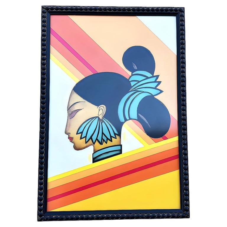 Art Deco "Hill Woman of Assam" 1927 Print by Frank McIntosh in Black Frame: Cover art to a magazine produced in the 1920s and 1930s to address the surge of interest in America about the East. The artwork depicts a woman set against a vibrant orange background, enhanced by dyn