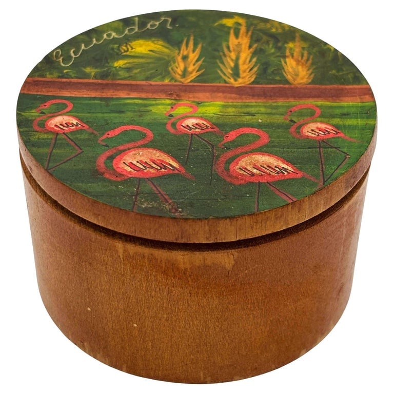 Hand-Painted Flamingo Scenic "Ecuador" Hardwood Trinket Box: Original late 1940s hand-painted flamingo scenic "Ecuador" hand-carved round hardwood trinket box. The trinket box is perfect for a vanity or dresser setting.Measurements: 3" H x 3" DiameterUnited Sta