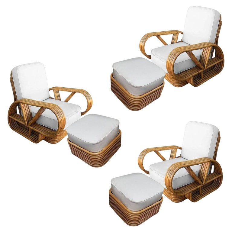 Restored Rattan Five-Strand "Victory Speed" Arm Loungechair w/ Ottoman, Set of 3 (1 of 9)
