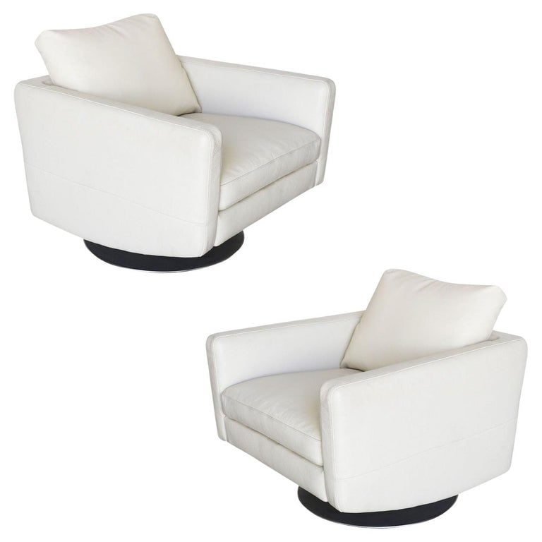 Italian Modern Leather Swivel Lounge Chair w/ Steel Base by Natuzzi, Pair (1 of 8)