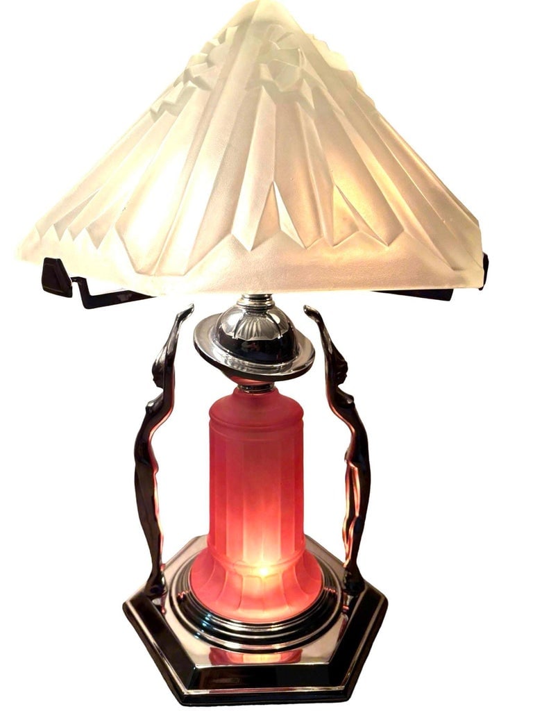 Frankart Era Art Deco Style Chrome Figural Lamp w/ Vivian Glass Shade: Beautiful Art Deco style chrome lady lamp with heavy frosted glass shade, featuring two nude female sculptures along the base with a pink Vivian glass light-up shade all mounted to a chrome stepped ba