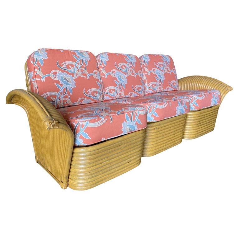 Restored "Golden Girls" Art Deco Rattan "Fan Arm" Three-Seat Sofa: This beautifully restored rattan blending style vintage charm with modern comfort. Rattan Fan 3 seat sofa with the same fabric as seen in the original "Golden Girls" show which ran from 1985 till 1992