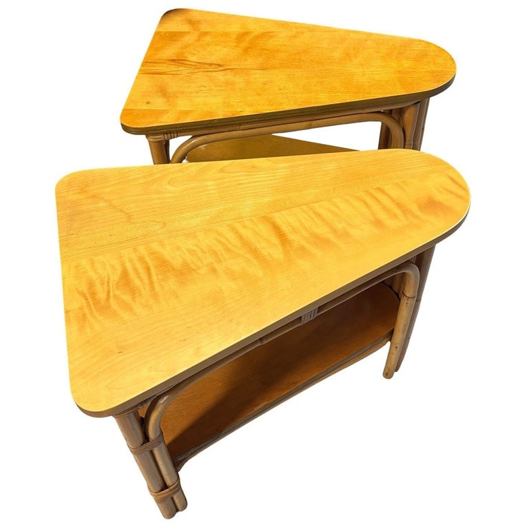 Restored MCM 2-Tiered Vertically Stacked Rattan Arched Wedge Table, Pair (1 of 6)