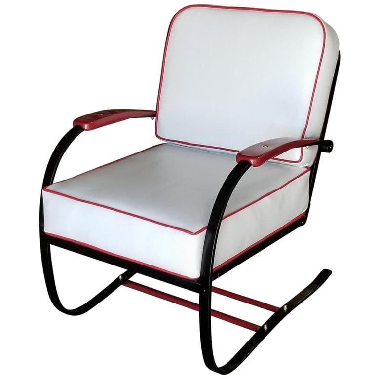 Wolfgang Hoffmann Custom Red and Black Springer Recliner Chair for Howell: Custom Green and black Wolfgang Hoffmann Art Deco springer lounge chair for Howell furniture, these chairs consist of a chromed flat iron frame that seamlessly forms to shape the legs, arms, and back 