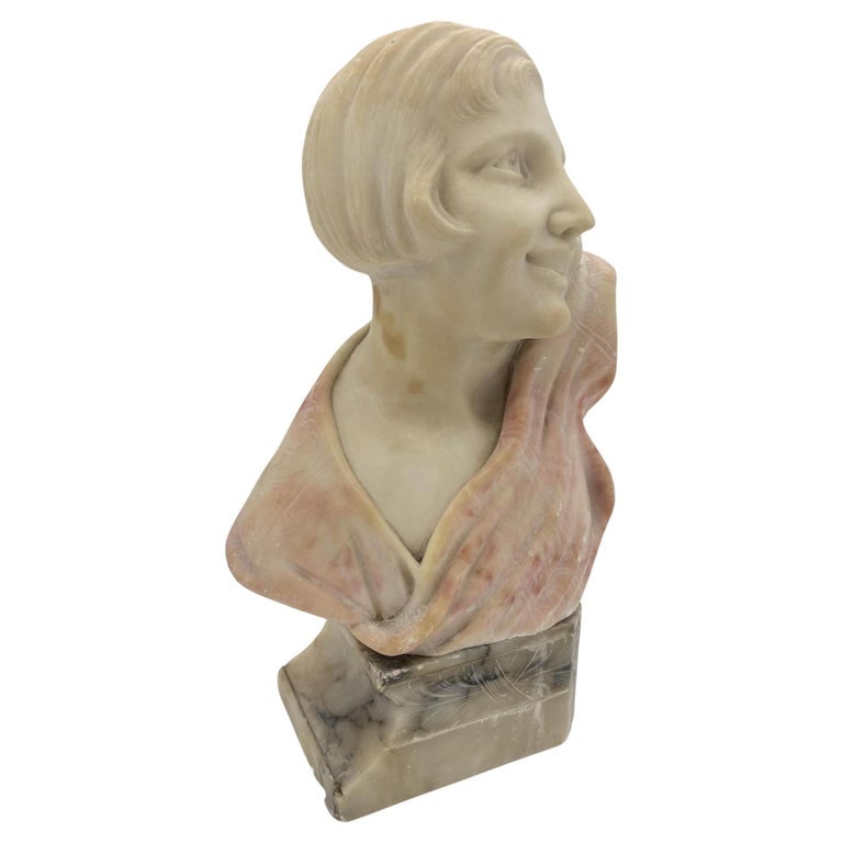 Art Deco Hand Carved Female Flapper Girl Alabaster Bust, Unsigned (1 of 7)