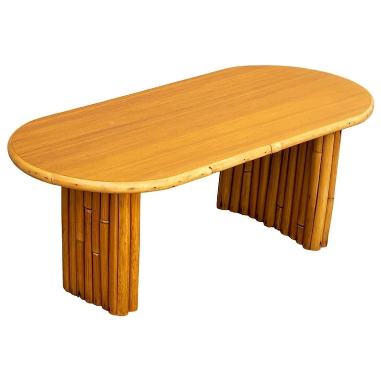 Restored Rattan & Koa Wood Oval Surfboard Coffee Table w/ Stacked Rattan Legs (1 of 8)
