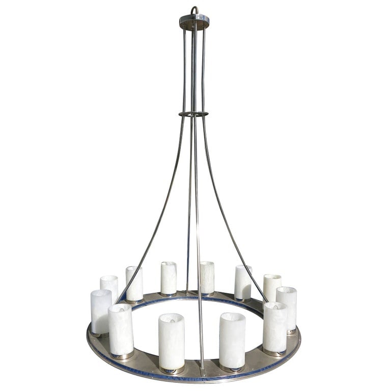 Large Modernist Twelve-Light Nickel Finished Chandelier: Large modernist twelve-light nickel finished chandelier with four pole design and acrylic shades.Dimensions: 62" height x 42" diameterProduct handcrafted in the USA with the highest quality materials 