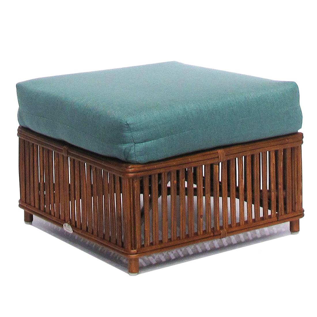 Art Deco Presidents Nantucket Stick Walnut Finished Reed Rattan Otttoman: This beautifully stick rattan “Nantucket” Ottoman features classic Walnut Finished stick rattan framing with tightly woven wicker wrappings, offering both form and function. Each arm includes 