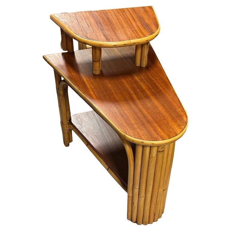 Restored MCM Rattan & Mahogany 3-Tiered Vertically Stacked Rattan Wedge Table (1 of 6)