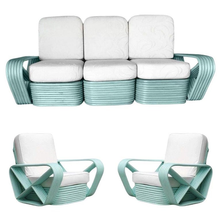 Restored Teal 6-Strand Square Pretzel Rattan Sofa & Lounge Chair Livingroom Se (1 of 7)