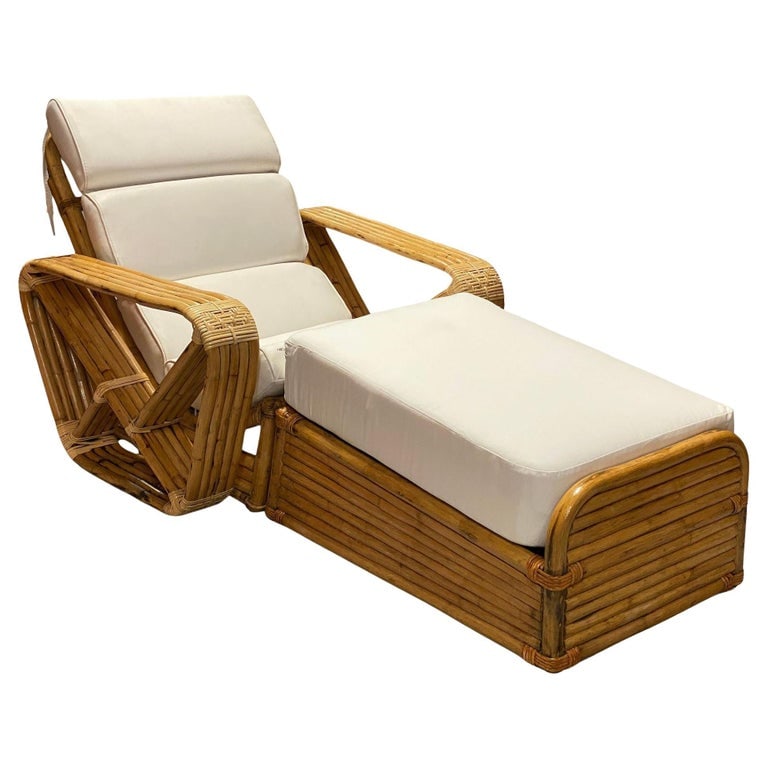 Restored Historic Paul T.Frankl Hand Made 5- Strand Square Pretzel Rattan Lounge: Extremely rare, museum-quality five-strand square pretzel Chaise Lounge chair was designed by Paul T. Frankl in 1934 using the highest-quality rattan poles and reeds available, and restored by rattan 