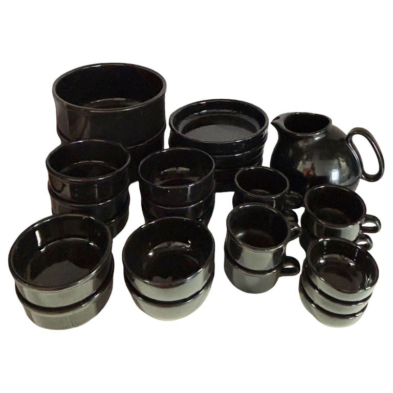 Neo Art Deco Black Bowl & Coffee Mug 26 Piece Serverware Set by Waechtersbach: 1970s Neo Art Deco 26-piece serve ware set featuring black bowls & coffee mugs by Waechtersbach, made in Spain.Marked: "Waechtersbach, Spain"-Measurements-2 Serving Bowls - 4.75" x 8.75" x 8.75" - 1 b