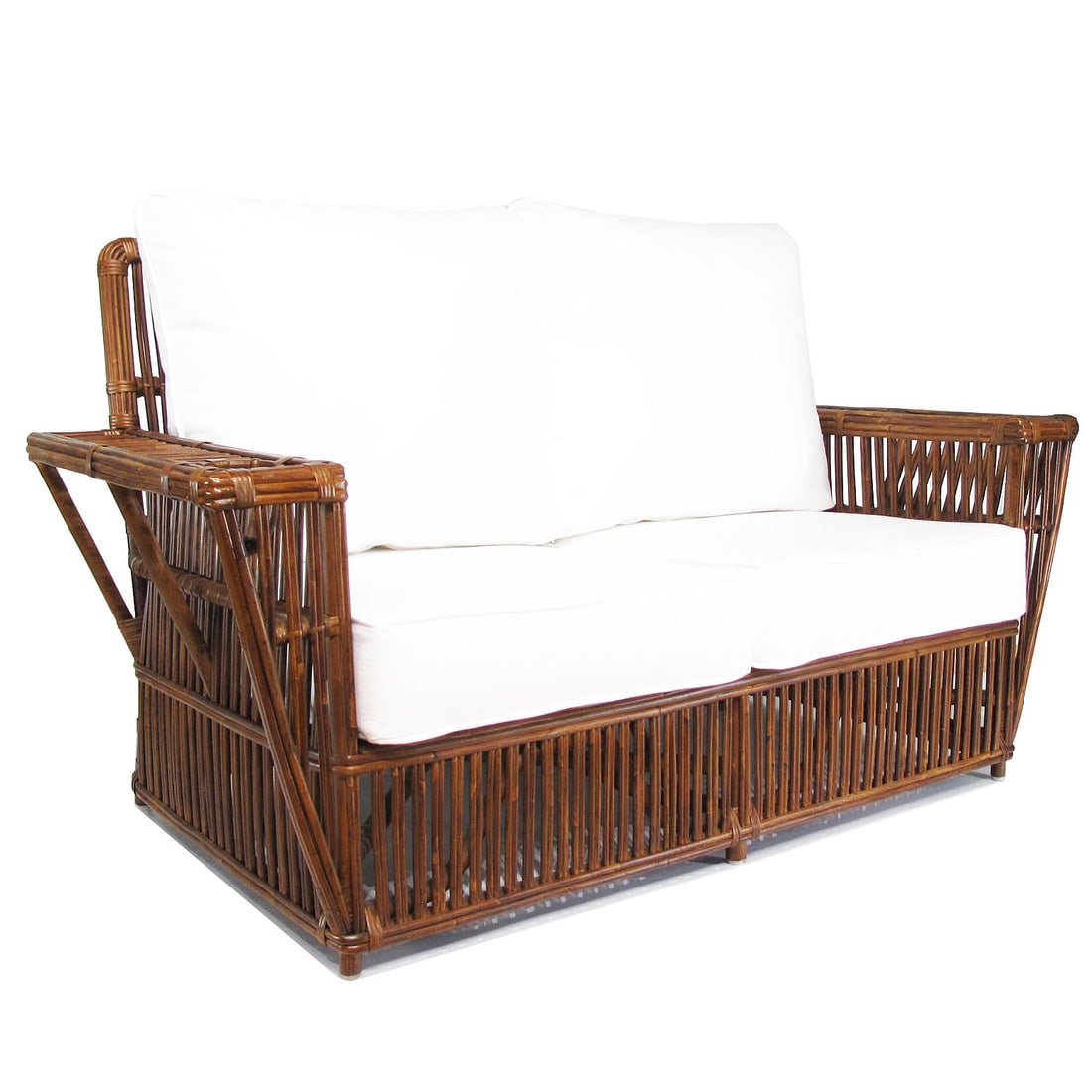 Art Deco Presidents Nantucket Stick Walnut Finished Reed Rattan Settee Sofa: This beautifully stick rattan “Nantucket” settee features classic Walnut Finished stick rattan framing with tightly woven wicker wrappings, offering both form and function. Each arm includes t