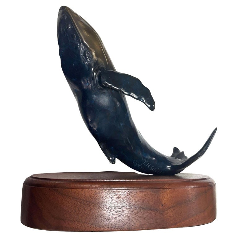 Hand Casted Humpback Whale Bronze Sculpture Mounted on Stand by T.H. Oliver: Elegant bronze whale sculpture mounted on a polished oak wooden base. The whale rises gracefully, its golden-toned back contrasted by deep blue and dark patina shading, capturing movement and strength