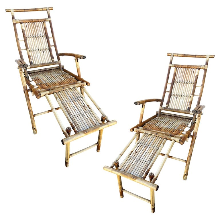Restored Aesthetic Movement Tiger Bamboo Garden/Patio Fold Lounge Recliner, Pair (1 of 9)