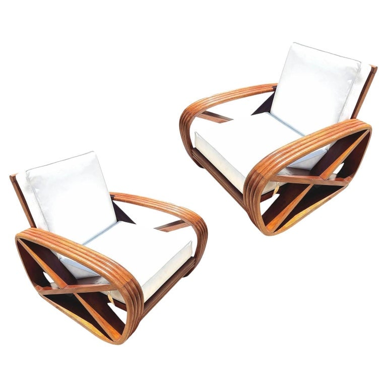 Rare 4-Strand like Carved Mahogany Square Pretzel Faux Rattan Lounge Chair, Pair (1 of 9)