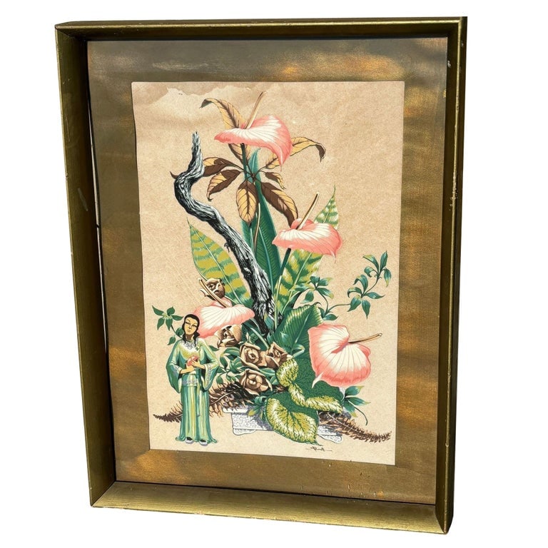 Framed Mid-century Asian Floral Inspired Watercolor Print by Bunell: Transform your space with this 1940s Mid-century Asian-inspired floral lithograph print featuring a hand-airbrushed watercolor painting on paper in its original gold-tone wood frame. This print captur