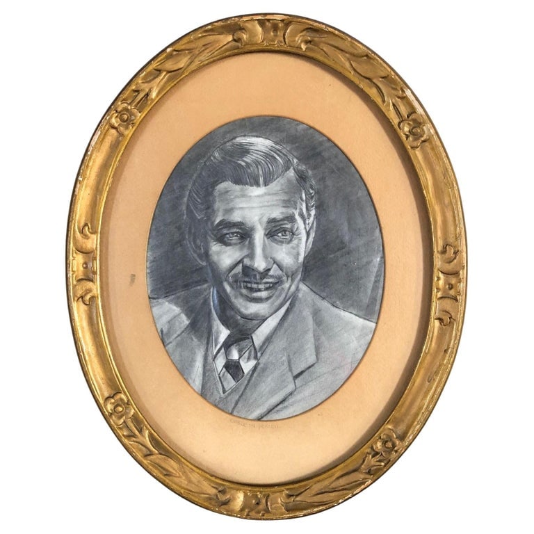 Mid-century Graphite Pencil Drawing of Clark Gable in Period Frame, Usigned: Meticulously detailed Mid-century era graphite pencil drawing of Clark Gable in original Regency style picture frame.Frame dimensions: 15" x 12"United States, 1950