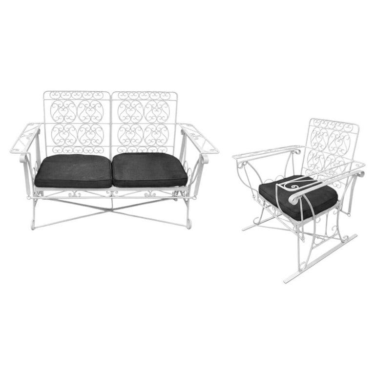 White Scrolling Wrought Iron Glider Rocking Settee & Chair Patio Outdoor Set (1 of 5)